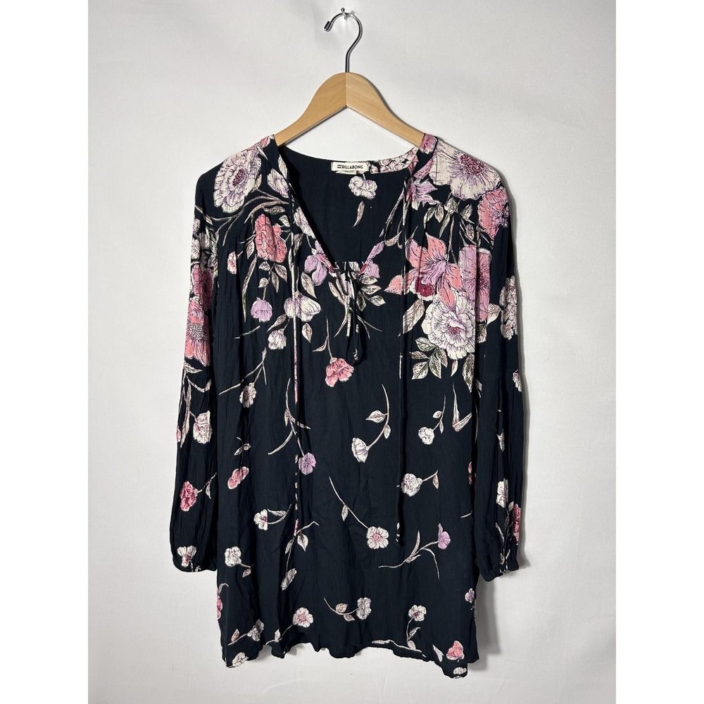 Billabong Blouse Womens Small Black Pretty Please Floral Tunic Long Sleeve Boho